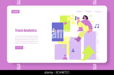 Vector illustration showing a digital marketing strategy with a person using a megaphone, surrounded by icons for analytics, charts, and content on a vibrant platform interface. Stock Vector