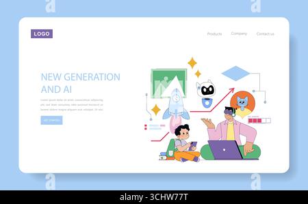 Vector illustration depicting two children engaged in digital learning, surrounded by AI and technology icons, showcasing the concept of a new generation adapting to AI tools. Stock Vector