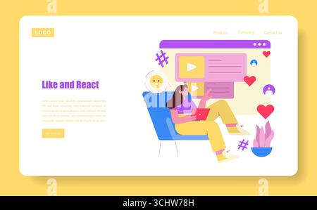 Vector illustration of a young woman sitting on a chair, engaging with social media on her tablet. Surrounded by icons like hearts and hashtags, she enjoys online interactions. Stock Vector