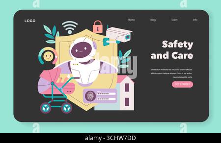 Vector illustration of a cute robot with a shield symbol, ensuring safety and care in a family home setting. Elements include a baby stroller, security camera, and lock icons. Stock Vector