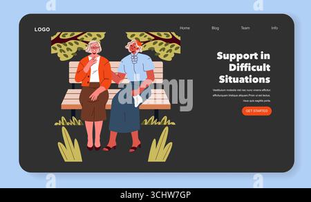 Vector illustration of two elderly women sitting on a park bench, engaged in comforting conversation. The scene captures emotional support and friendship in a serene outdoor setting. Stock Vector
