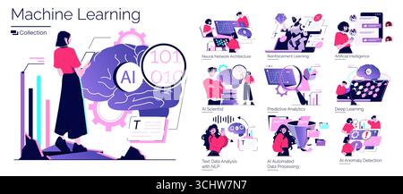 Vector illustration showcasing various machine learning concepts, including AI, neural networks, and data analysis. Features characters interacting with advanced technology. Stock Vector