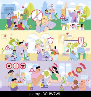 Vector illustration depicting vaccine hesitancy, scientific research, and public awareness. Scenes show people in hospitals, scientists in labs, and vaccination concerns, reflecting societal reactions. Stock Vector