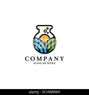 Nature laboratory logo design. Lab glassware with landscape vector design. Environment science and medicine logotype Stock Vector