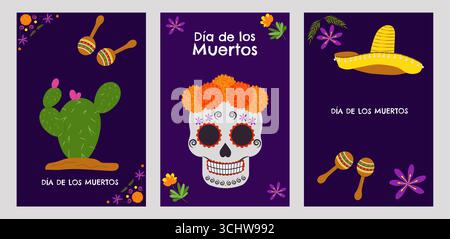 Day of the Dead Mexico poster set. National holiday September 16, Cinco de Mayo. Dia De Los Muertos. Colorful Mexican flowers. Fiesta poster party flyer greeting card. Vector illustration Stock Vector