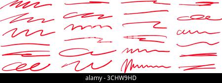 Red hand drawn brush strokes set. Sketched doodle scrawl lines collection. Zig zag, wavy squiggle scribble stripes pack. Red marker note signs for mark, emphasis, accent, highlight. Vector Stock Vector