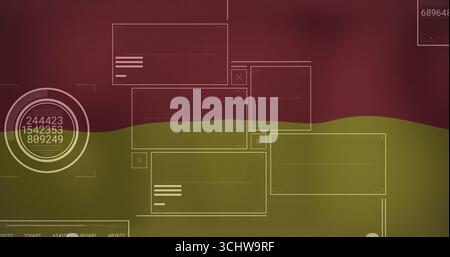 Displaying data UI over two-tone backdrop with circular gauge, panels with close icons, grid lines Stock Photo