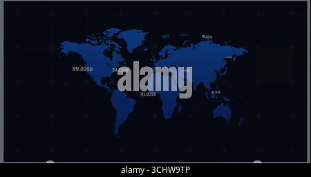 Displaying blue world map graphic on navy grid background, showing floating numeric data labels Stock Photo