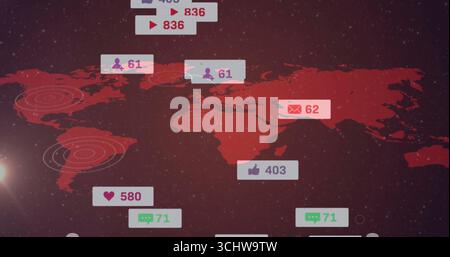 Displaying stylized red world map on starry sky, with floating social media icons and radar rings Stock Photo