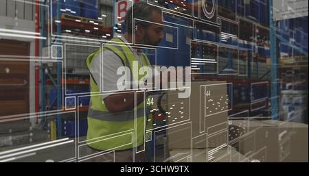 Using scanner, worker wearing reflective vest scanning cardboard boxes in warehouse, copy space Stock Photo