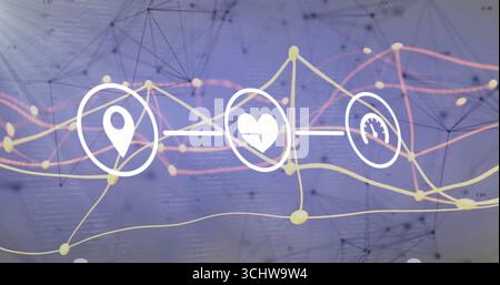 Location pin, heart and gauge icons hovering on purple gradient, with nodes and orange wavy lines Stock Photo
