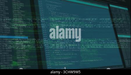 Displaying multi-monitor code with terminal and editor panels at workstation, with digital overlay Stock Photo