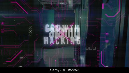 Displaying overlay on office corridor with crossing Growth Hacking text, neon-pink X, binary digits Stock Photo