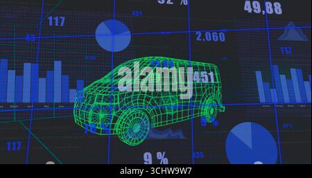 Visualizing wireframe car on virtual dashboard, showing bar pie line charts with numeric overlays Stock Photo