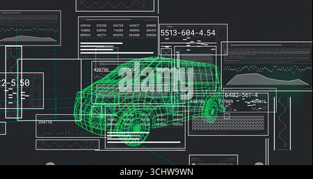 Visualizing neon green wireframe car model floating in 3D modeling interface, with data panels Stock Photo