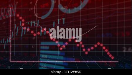 Displaying red dotted downtrend line slicing grid screen, with blue candlesticks, white curve Stock Photo