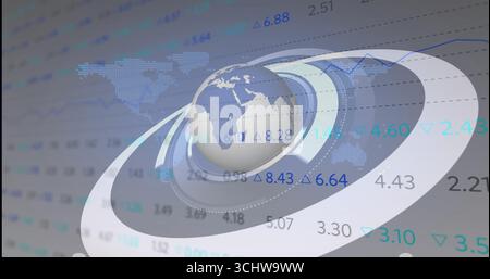 Presenting 3D Earth globe rotating in abstract dashboard, with orbital rings and numeric overlays Stock Photo