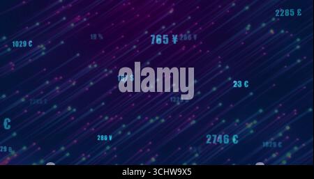 Streaming neon diagonal light streaks across data network dashboard, with floating currency values Stock Photo
