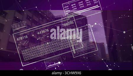 Projecting digital data overlay animating over downtown street canyon, with numeric readout panels Stock Photo