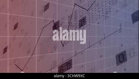 Displaying jagged line graph over tinted grid at digital interface, with markers and numeric icons Stock Photo