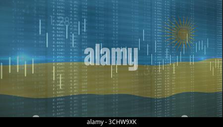 Displaying golden wave ribbon rising on data dashboard, showing numeric data and candlestick bars Stock Photo