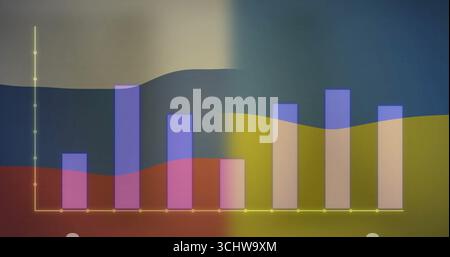 Displaying pastel bar chart on digital display with axes, seven translucent bars and layered shapes Stock Photo