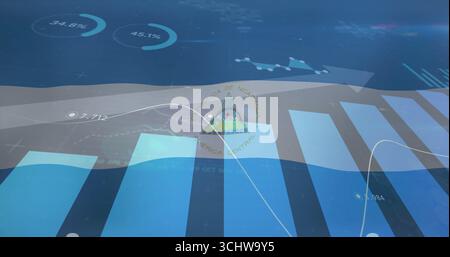 Displaying bar and line chart on dashboard, featuring donut charts and Nicaragua seal overlay Stock Photo