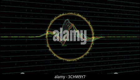 Displaying circular ring showing multi-colored waveform on dark dashboard with numbered grid Stock Photo