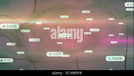 Drifting notification badges floating across cosmic visualization, with icons and numeric counts Stock Photo