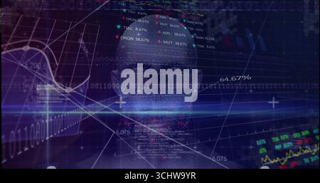Displaying hologram head silhouette overlaying line charts on digital display, with binary streams Stock Photo