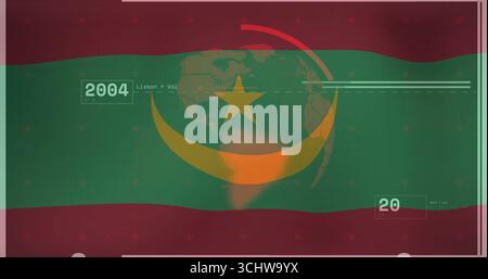 Displaying interface showing dotted globe over red green bars, with yellow crescent and star Stock Photo
