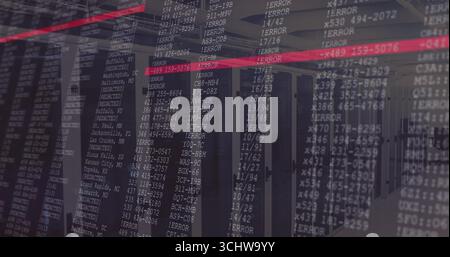 Displaying terminal text overlay highlighting error messages inside data center with server racks Stock Photo