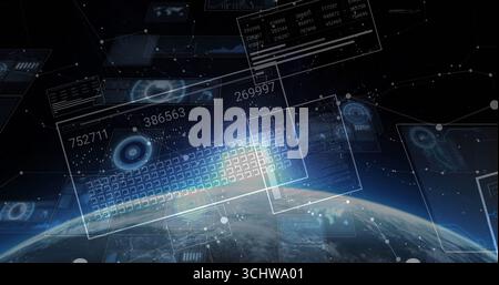 Displaying floating data panels above Earth horizon, with holographic grid, numeric data, nodes Stock Photo