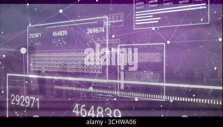 Displaying abstract data interface floating in virtual environment, with UI panels and node network Stock Photo