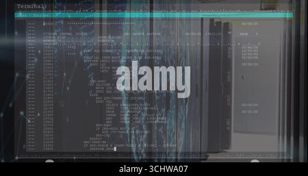 Displaying server cabinets with blinking lights and cables in data center aisle with SQL overlay Stock Photo