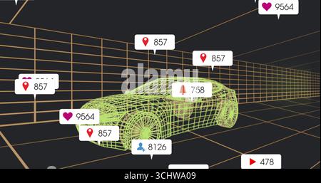 Displaying neon-green wireframe car rotating inside orange grid space, with floating notifications Stock Photo