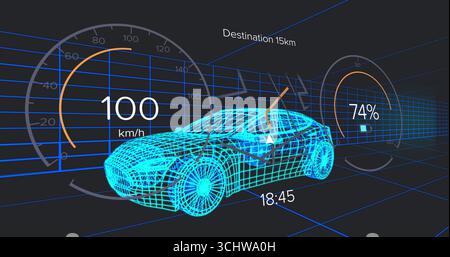 Floating cyan wireframe car gliding through blue grid tunnel, with speedometer and battery gauges Stock Photo