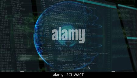 3D wireframe globe with orbital rings rotating on console, JS snippets, terminal logs, map outline Stock Photo