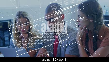 Collaborating three professionals in business attire analyzing laptop in workspace, with overlays Stock Photo
