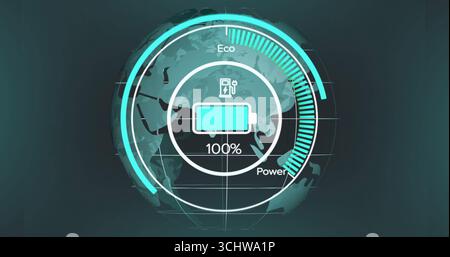 Displaying battery icon overlaying globe on virtual dashboard with charge symbol and Eco or Power ba Stock Photo