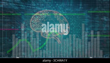 Showing brain circuit diagram, bars, green line on teal grid, with code overlays, numeric readouts Stock Photo