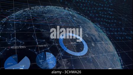 Rotating 3D Earth globe showing data charts, grid overlay and numeric labels in analytics hub Stock Photo