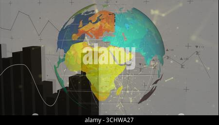 Displaying stylized 3D globe rotating in virtual data interface, with bar and line charts and nodes Stock Photo