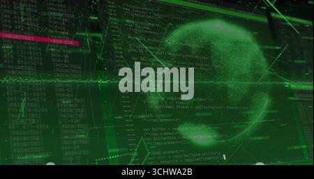 Displaying computer screen showing code, numbers, grid patterns, red bar, glowing globe, copy space Stock Photo