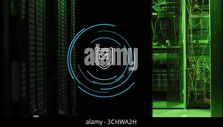 Showing shield with envelope icon hovering over data center corridor, network cables and blue lines Stock Photo