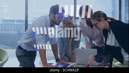 Collaborating four professionals reviewing charts and analyzing data in office, with laptop Stock Photo