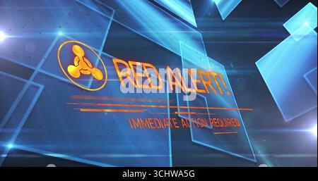 Showing RED ALERT! warning icon and IMMEDIATE ACTION REQUIRED in HUD, with blue panels and bars Stock Photo
