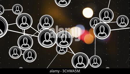 Displaying circular user icon nodes linked by thin lines over dark dotted grid, with bokeh lights Stock Photo