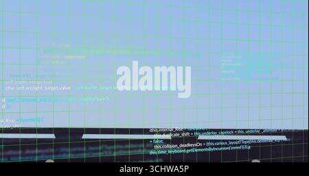 Displaying source code blocks scrolling on screen in dark office, with green grid overlay Stock Photo