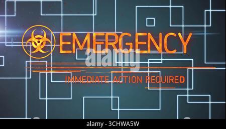 Displaying orange biohazard with EMERGENCY, IMMEDIATE ACTION REQUIRED on panel, neon blue grid Stock Photo